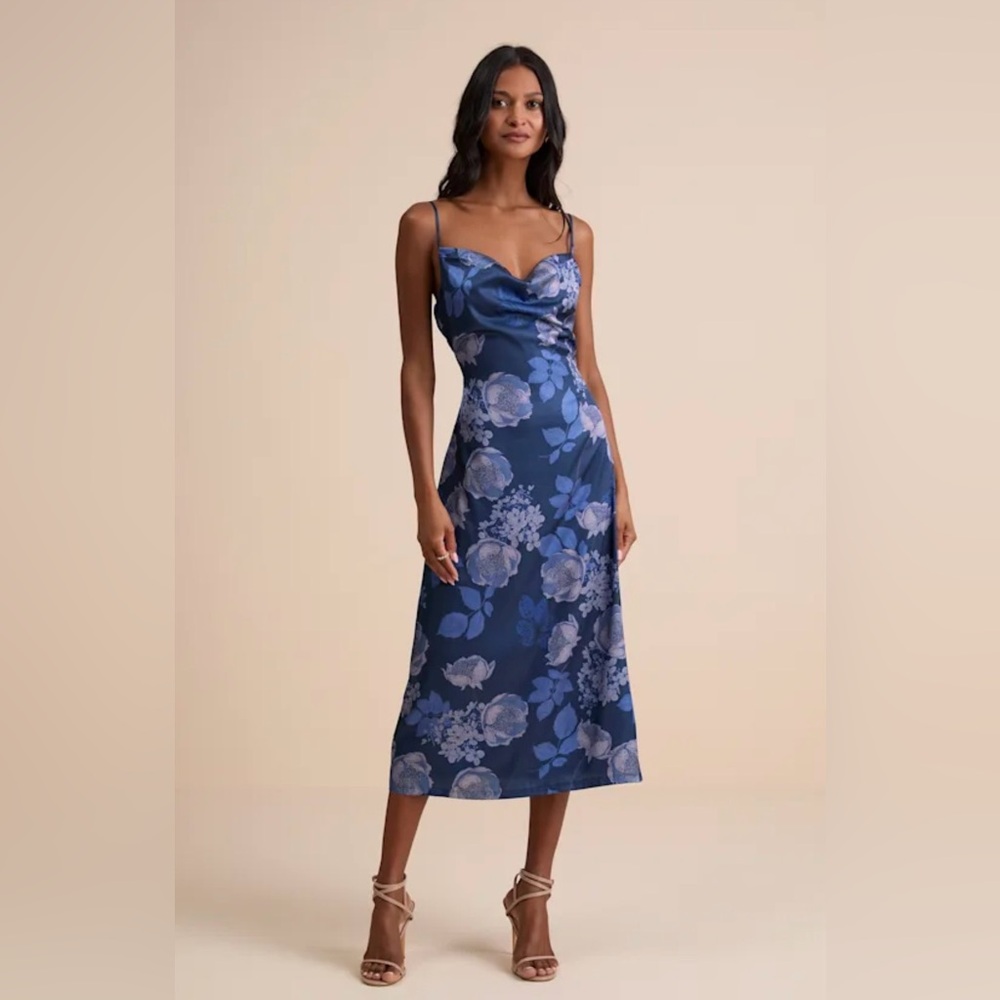 Lulus Favorite Icon Dark Blue Floral Satin Cowl Neck Slip Midi Dress XL NWT